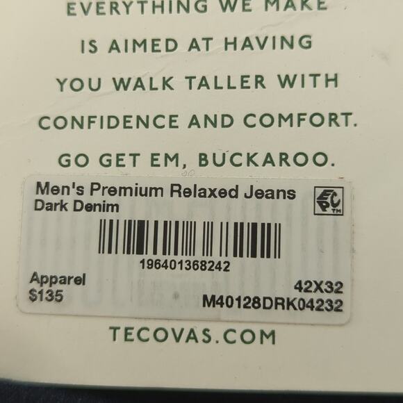 Tecovas Men's Premium Relaxed Dark Wash Denim Jeans 42X32 - Picture 9 of 10